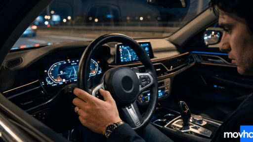 A driver pressing steering wheel buttons to learn how to reset maintenance light on toyota camry