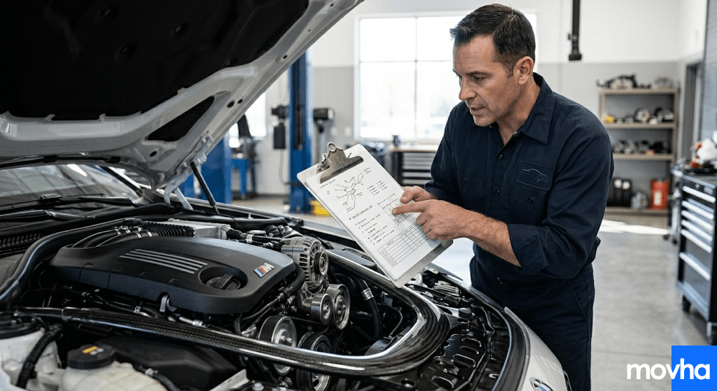 A mechanic calculating how much to replace serpentine belt