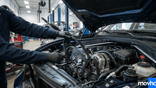 A mechanic demonstrating how long does it take to replace a serpentine belt