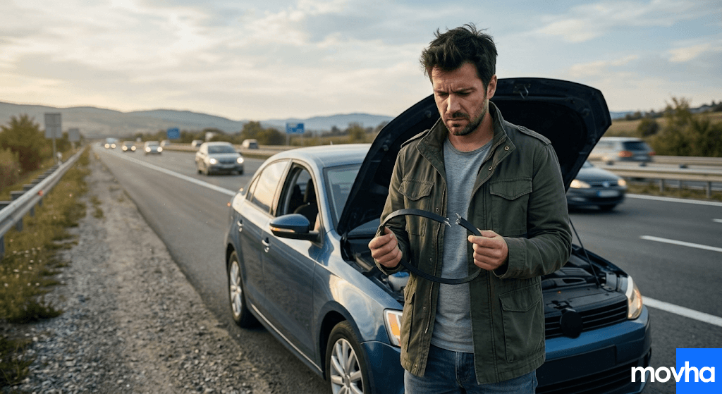 A stranded driver experiencing what happens if your serpentine belt breaks