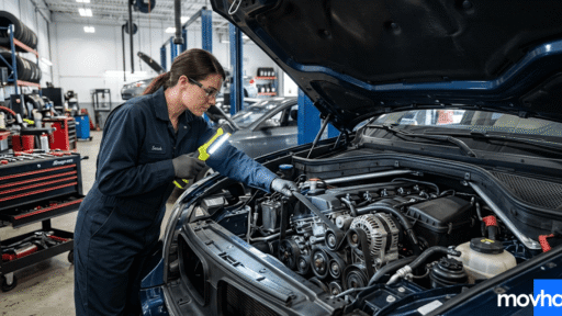 A mechanic using a flashlight to demonstrate how to tell if a serpentine belt is bad