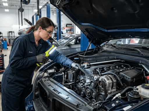 A mechanic using a flashlight to demonstrate how to tell if a serpentine belt is bad