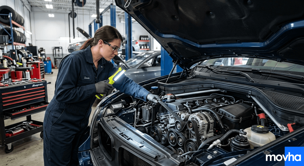 A mechanic using a flashlight to demonstrate how to tell if a serpentine belt is bad