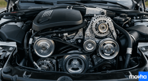 An engine bay demonstrating what does a serpentine belt do