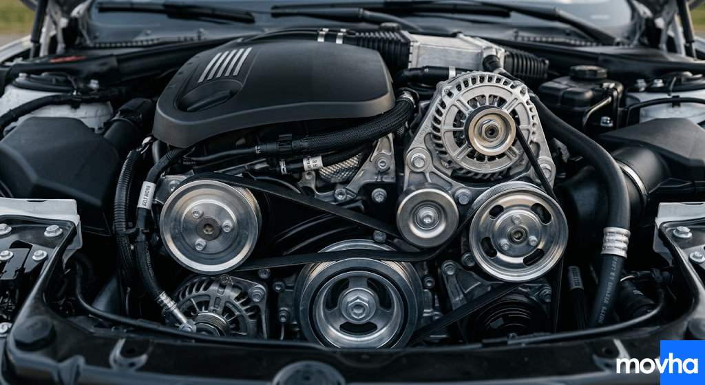 An engine bay demonstrating what does a serpentine belt do