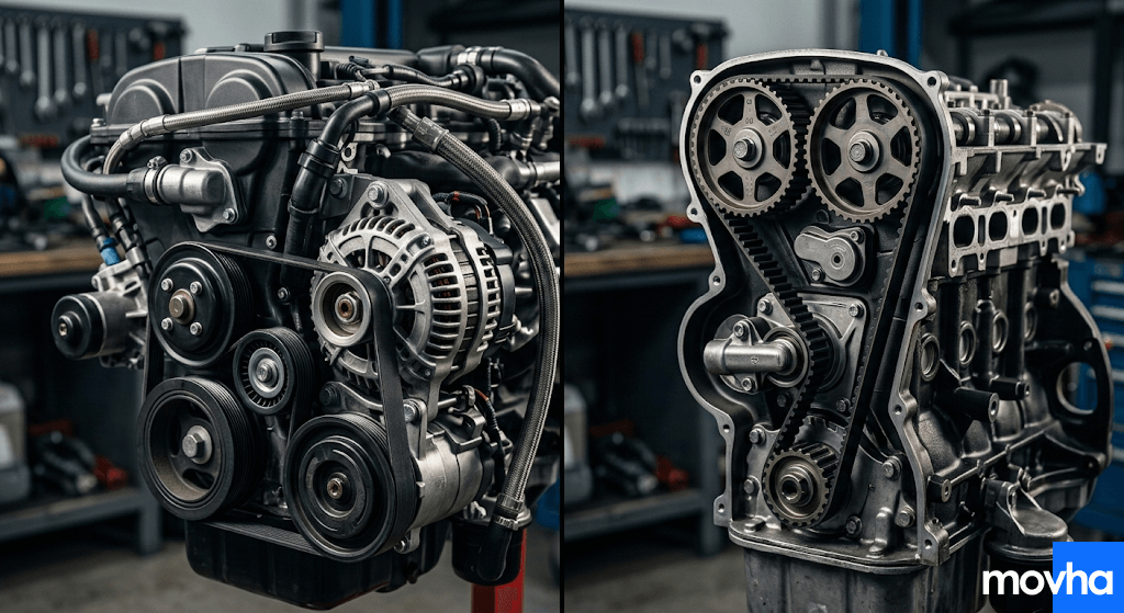 An engine diagram explaining is the serpentine belt and the timing belt the same